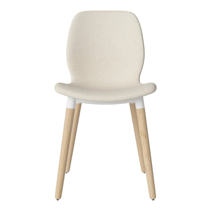 Cream-colored chair with a textured fabric seat and light wooden legs, minimalistic design.