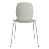 Modern minimalist chair in sleek matte white with a smooth, curved design and slender black legs.