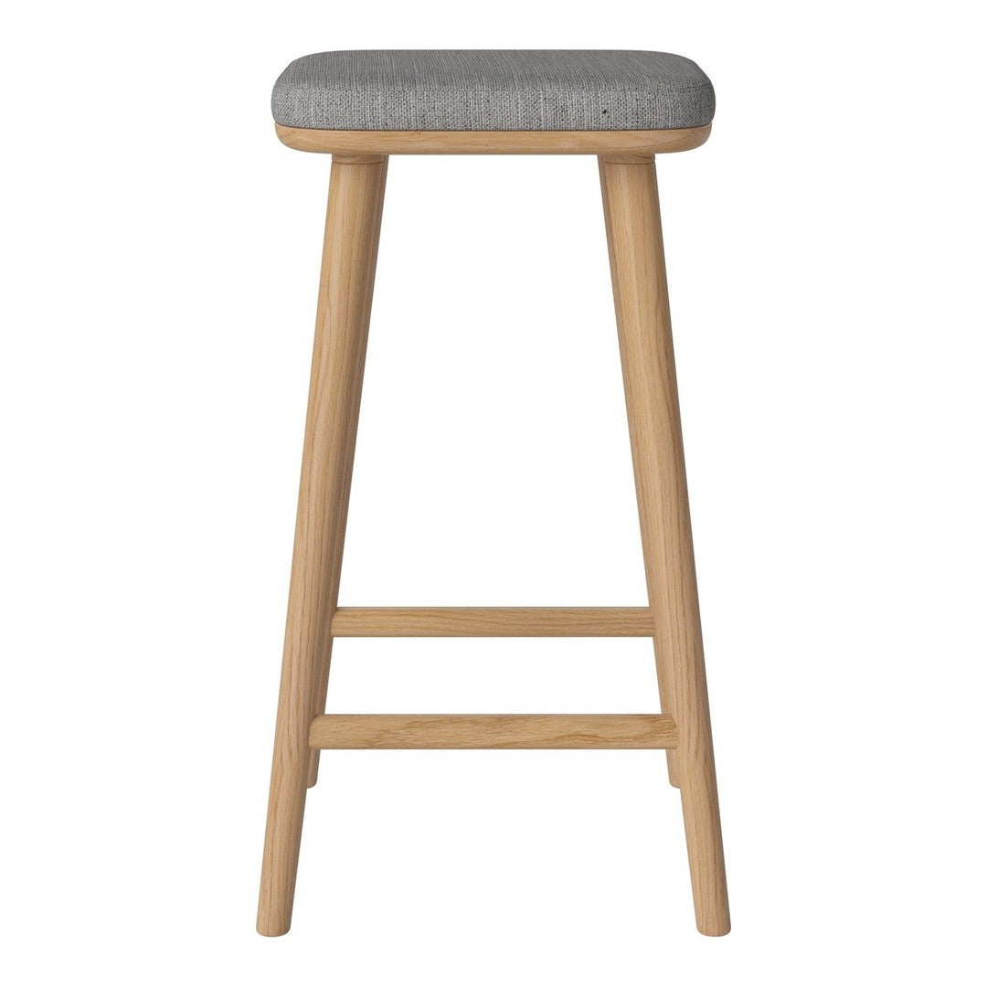 Gray upholstered stool with natural wood legs, featuring a sleek, minimalist design. Ideal for modern spaces.