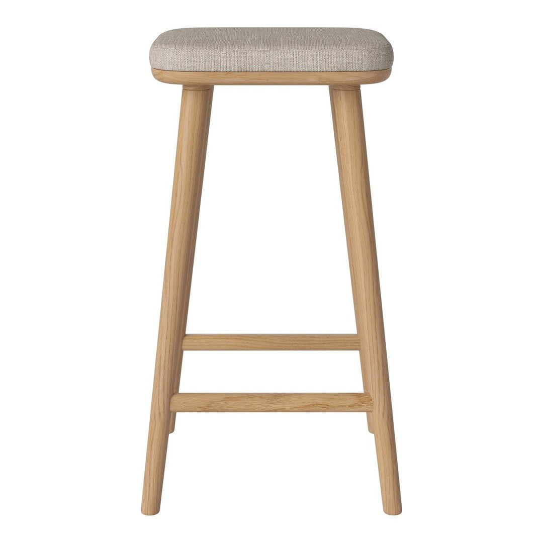 Light beige fabric seat atop natural wood legs, showcasing a minimalist and modern design.