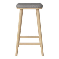 Gray upholstered seat with natural wood legs, clean lines and a minimalist design, perfect for modern decor.