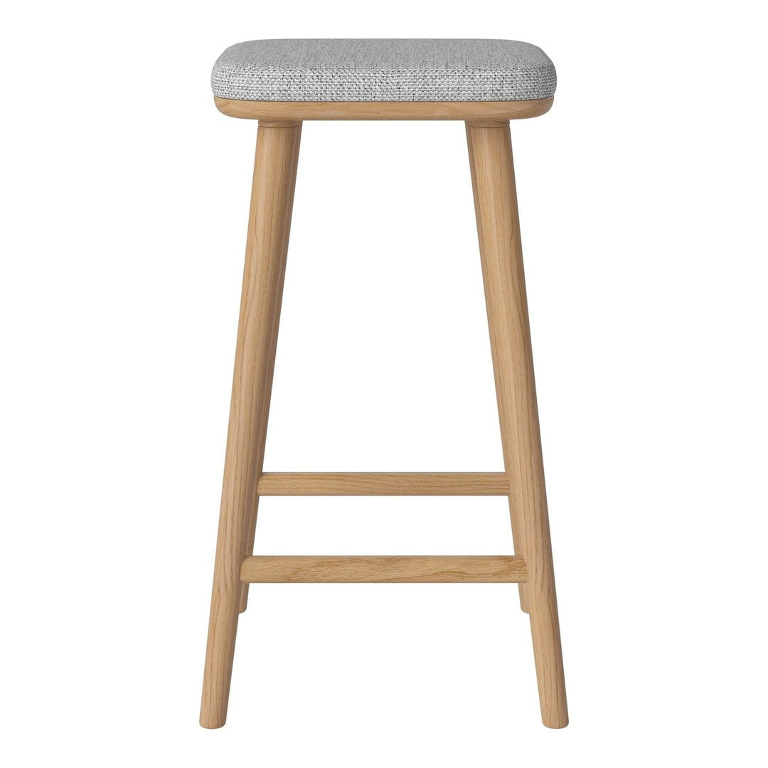 Light gray upholstered seat with natural wood legs, featuring a simple, minimalist design.