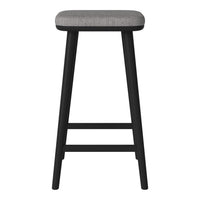 Black wooden bar stool with a solid gray upholstered seat, featuring clean lines and minimalist design.