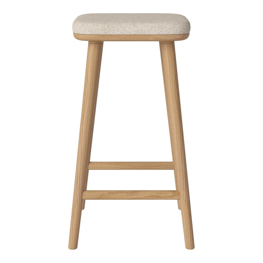 Light beige upholstered seat on natural wood legs, minimalist design with no visible patterns. Perfect for modern spaces.