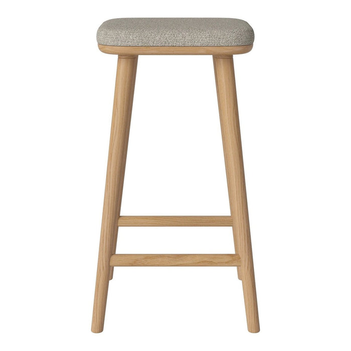 Beige upholstered seat, natural wood legs, minimalist design with clean lines and no ornate patterns.