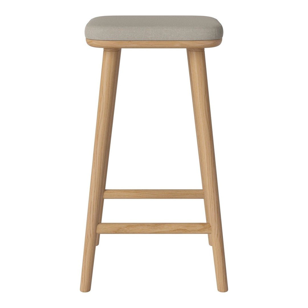 Light gray padded seat with natural wood legs, minimalistic design, perfect for modern decor.