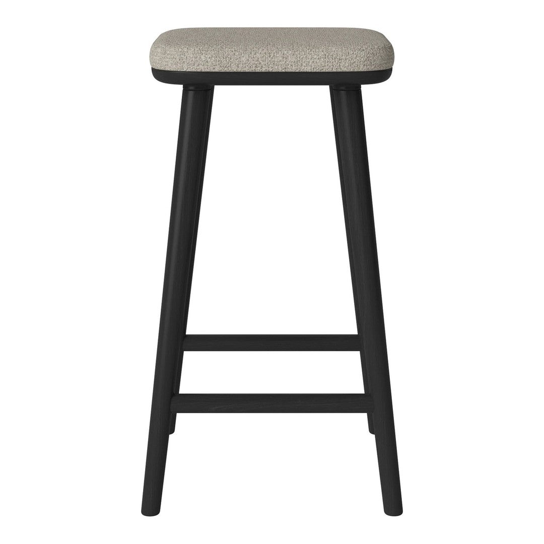 Black wooden bar stool with a light gray upholstered seat, featuring a simple, modern design.