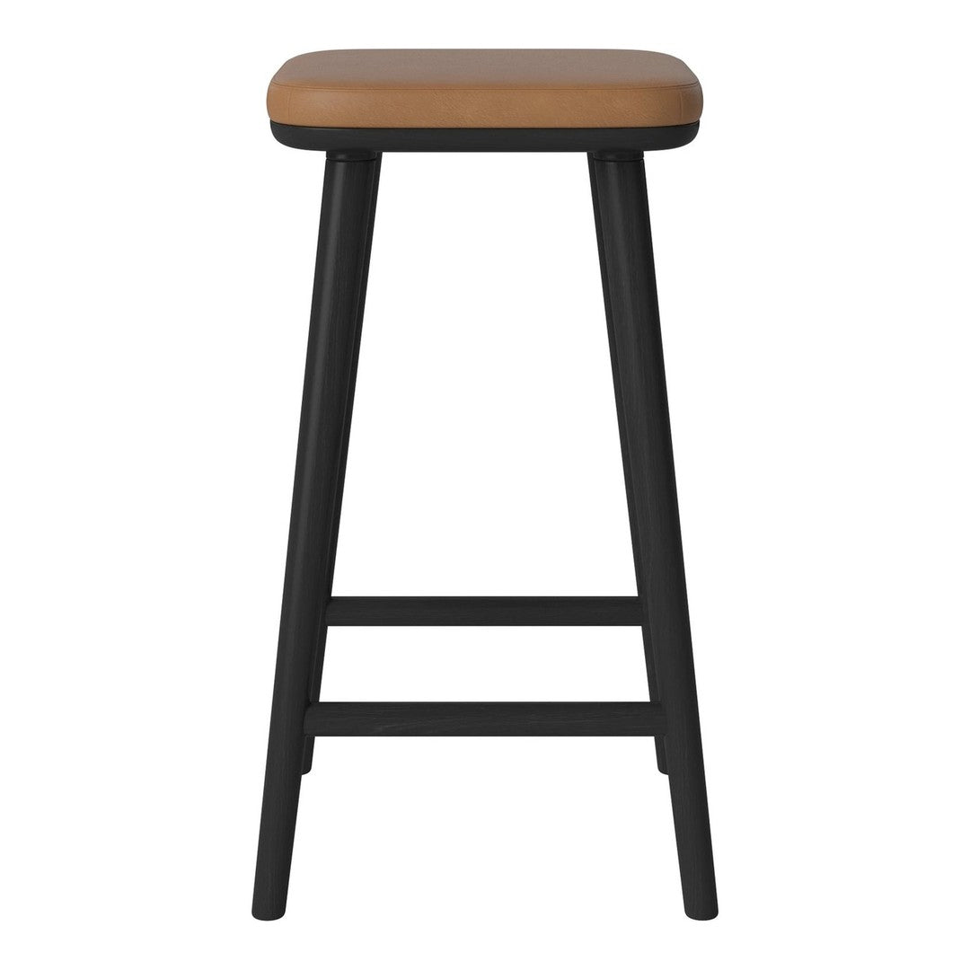 Black bar stool with a sleek design and a warm brown seat, perfect for modern decor.