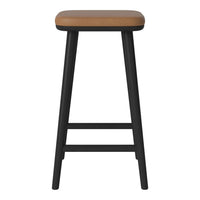 Black bar stool with a sleek design and a warm brown seat, perfect for modern decor.