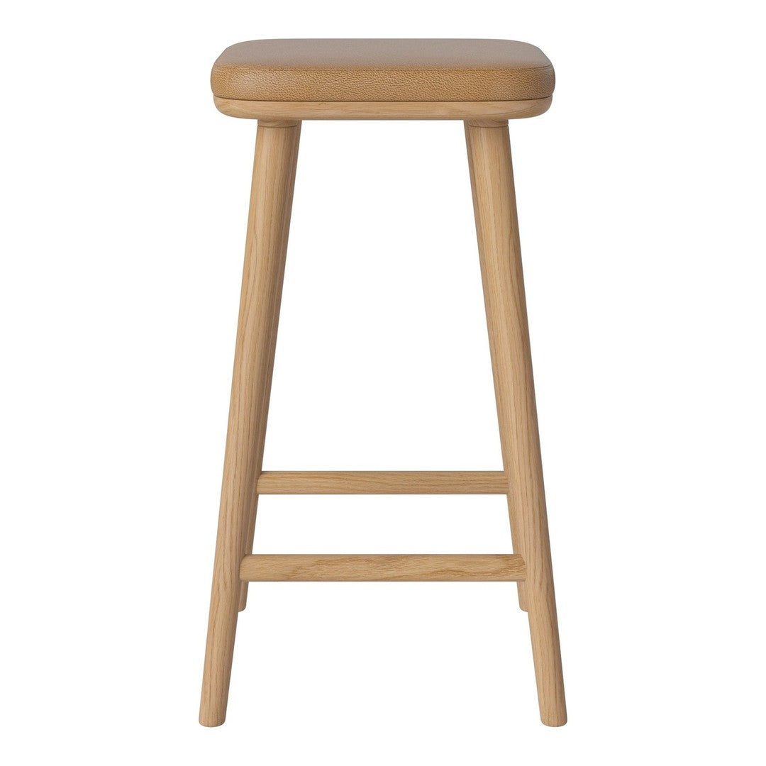 Light wooden bar stool with a smooth tan leather seat, featuring a minimalist design and natural finish.