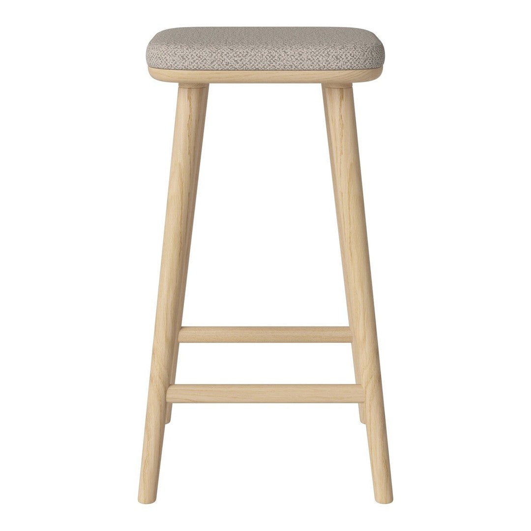 Light wood bar stool with a textured gray upholstered seat, featuring a simple, modern design.