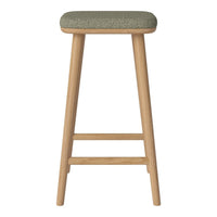 Green patterned upholstery on a wooden bar stool with natural finish legs. Perfect for modern or rustic decor.
