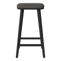 Stylish black bar stool with a sleek gray wood seat and clean lines, perfect for modern interiors.