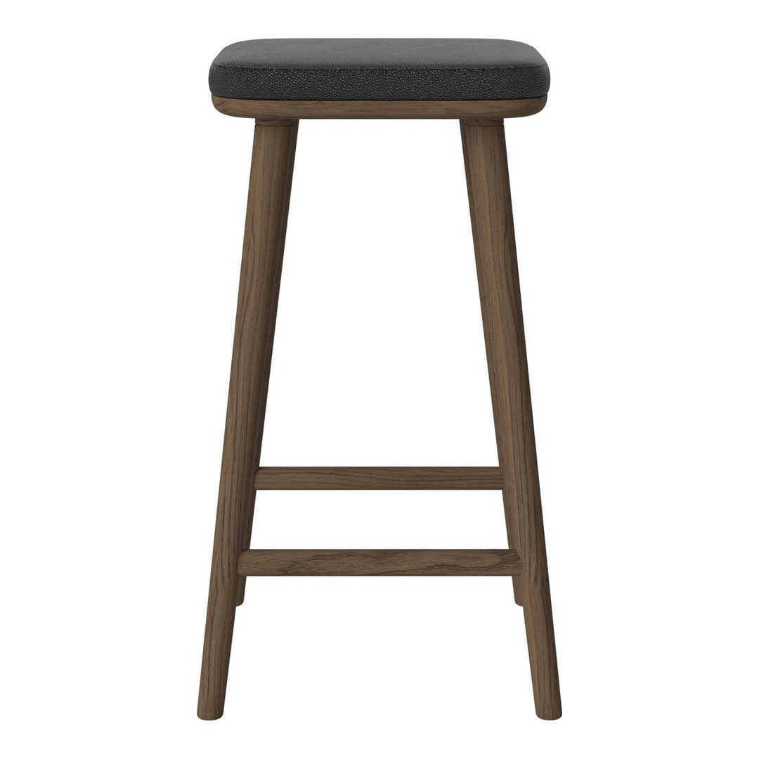 "Minimalist black padded stool with a sleek brown wooden base, showcasing a modern and elegant design."