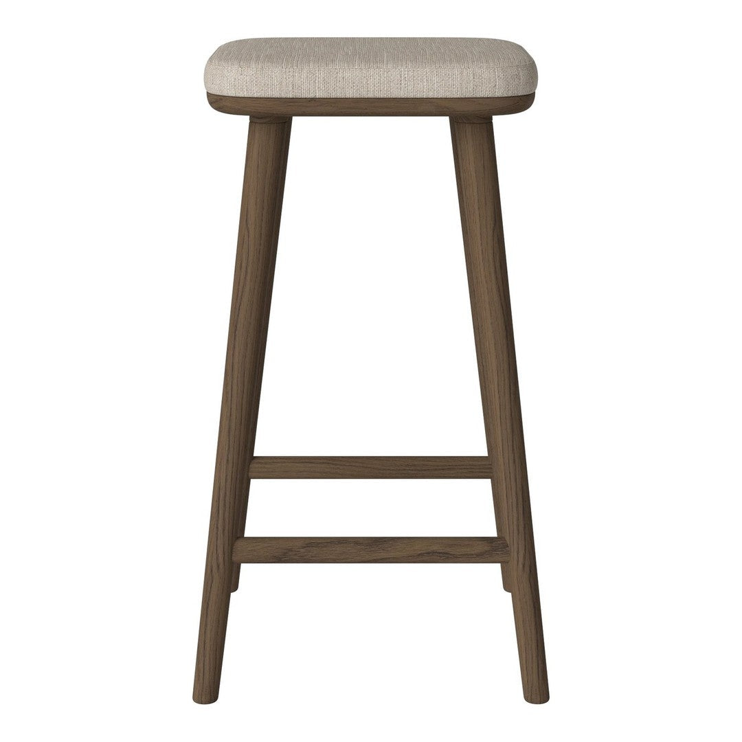 Neutral beige cushion on a wooden stool with a rich brown finish, featuring a simple, modern design.