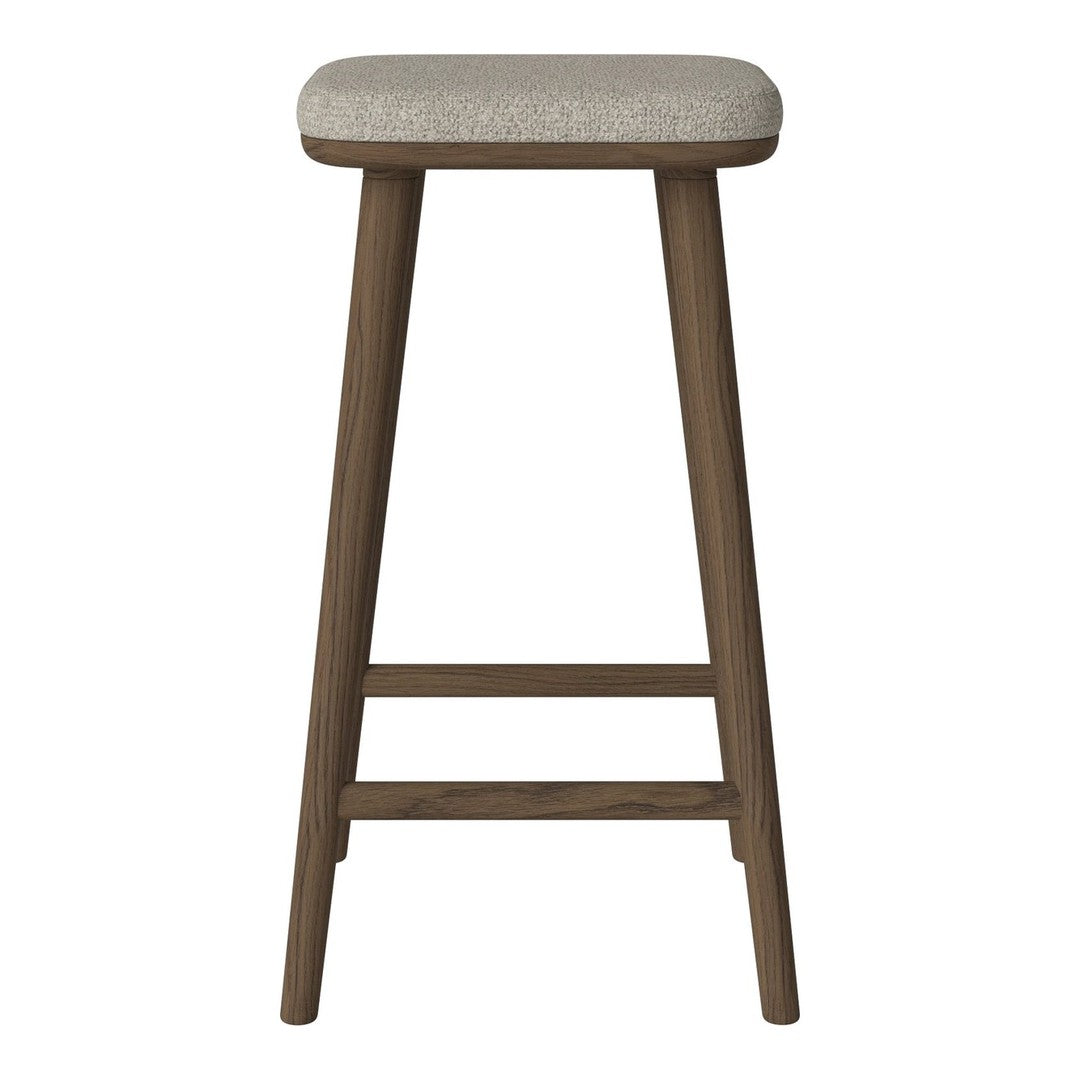 Light grey upholstered seat on a dark wood frame, showcasing a modern and minimalist design.