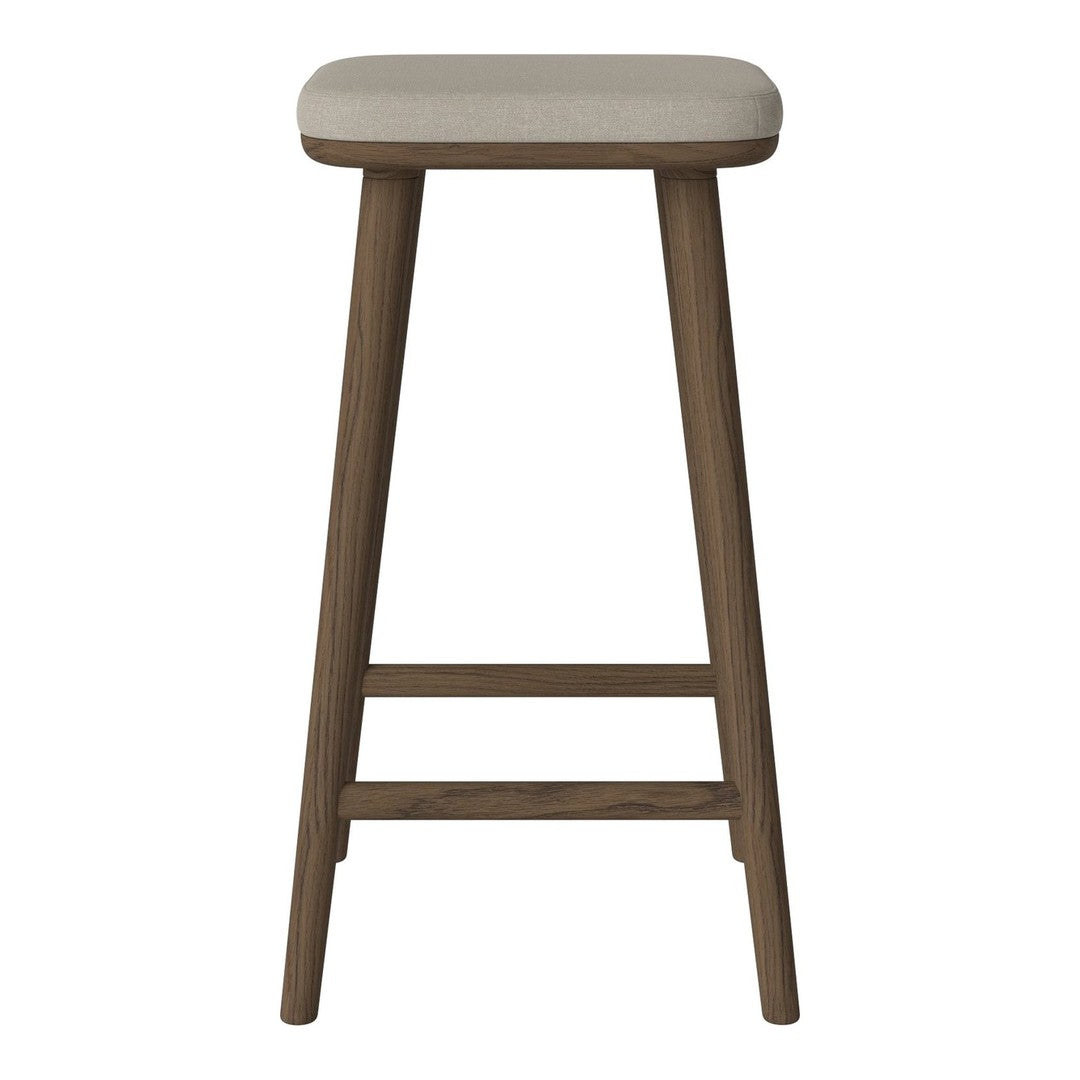 Beige upholstered stool with a rich brown wooden frame, featuring a minimalist design and sleek lines.