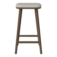 Wooden bar stool with a natural finish and a light beige upholstered seat. Simple, minimalist design.