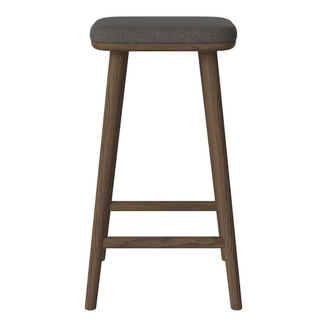 Gray upholstered stool with a simple wooden frame, featuring a smooth finish and clean lines. Ideal for modern decor.