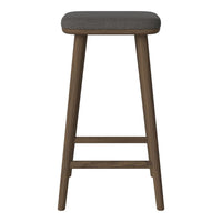 Gray upholstered stool with a simple wooden frame, featuring a smooth finish and clean lines. Ideal for modern decor.