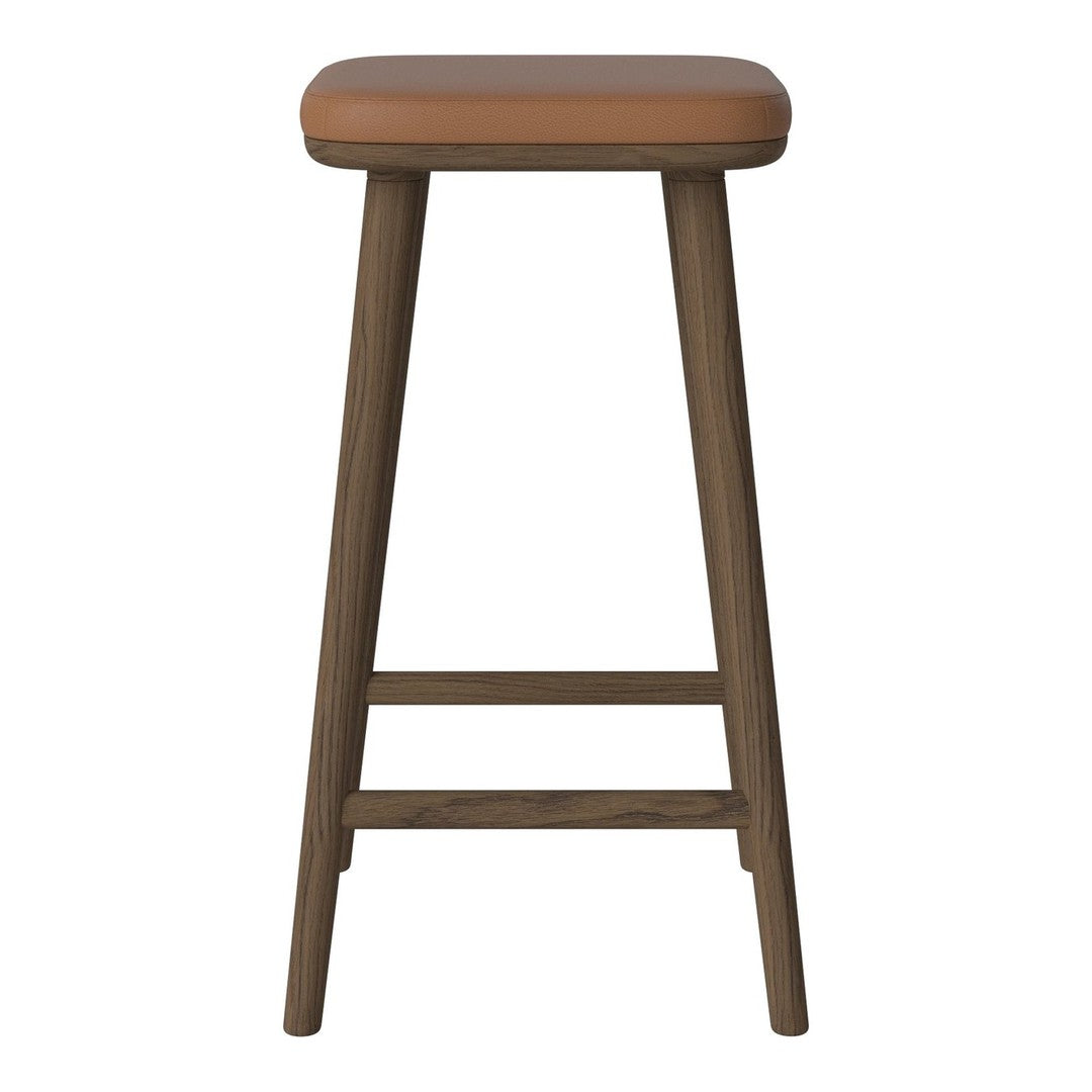 Brown wooden stool with a smooth tan leather seat, featuring a minimalist design and no visible patterns.