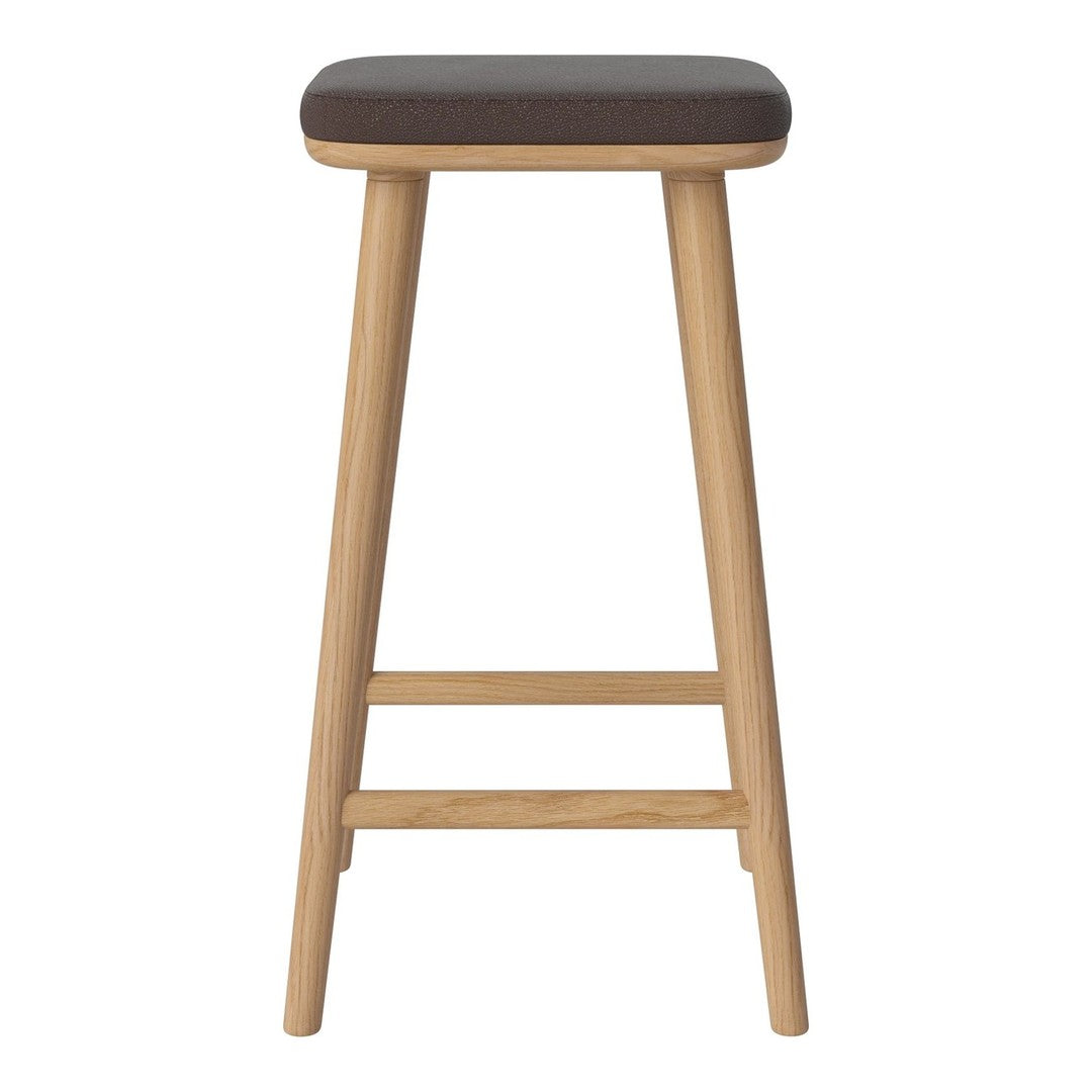 Brown upholstered seat on natural wood legs, featuring a sleek and minimalist design. Perfect for modern decor.
