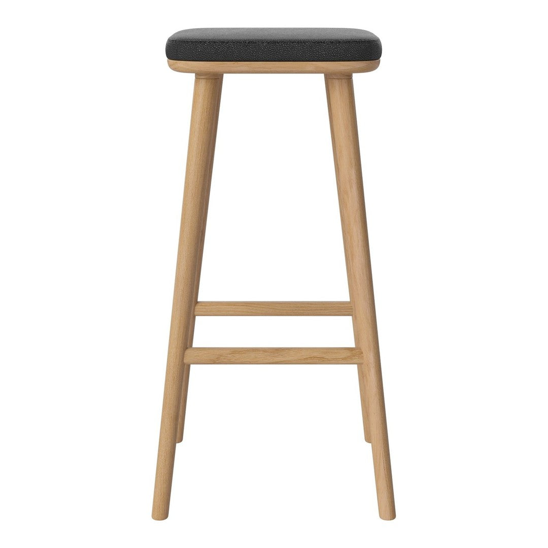 Black upholstered seat with natural wood legs, featuring a simple, modern design suitable for various interiors.