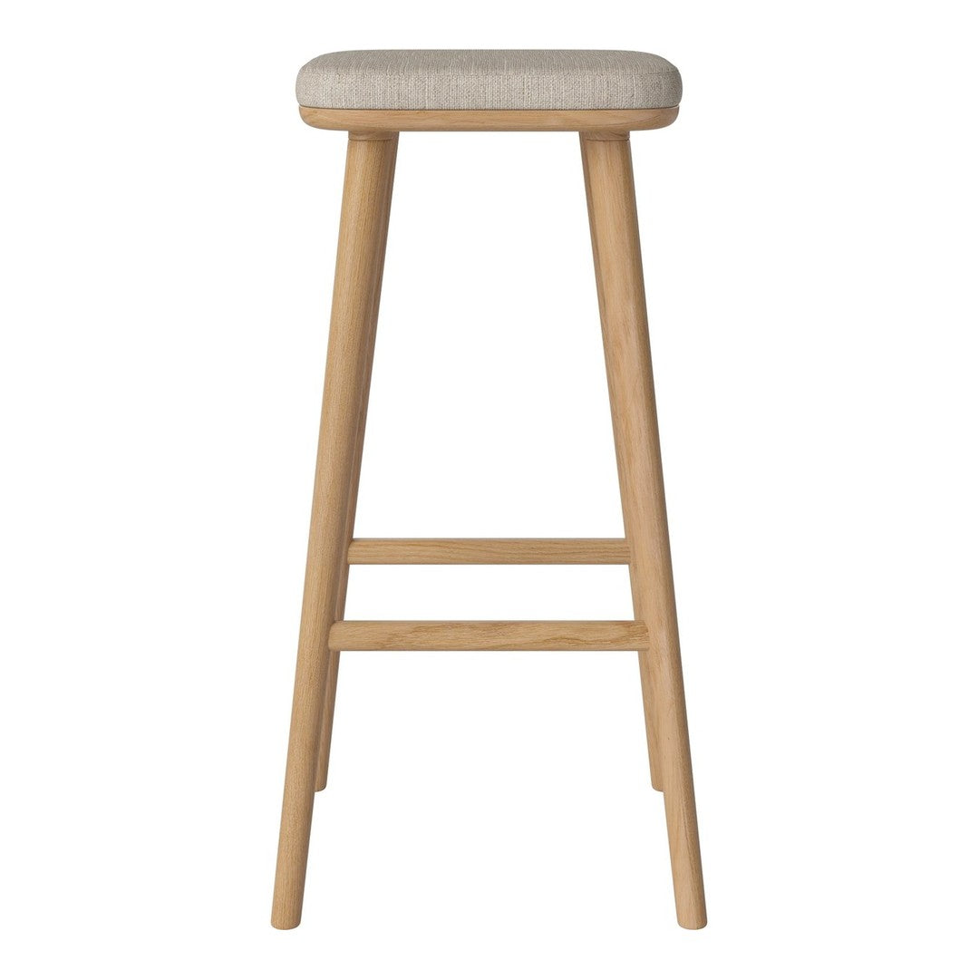 Light beige upholstered seat with natural wood legs, simple and modern design, ideal for contemporary spaces.