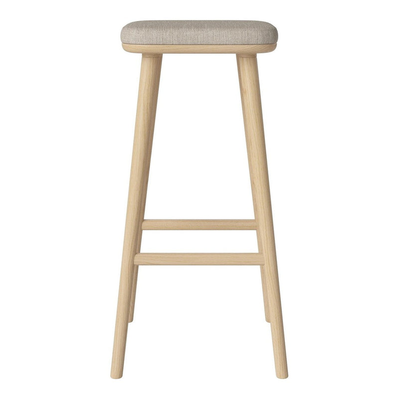 Light wooden bar stool with a soft beige upholstered seat, minimalist design. Perfect for modern kitchens or bars.