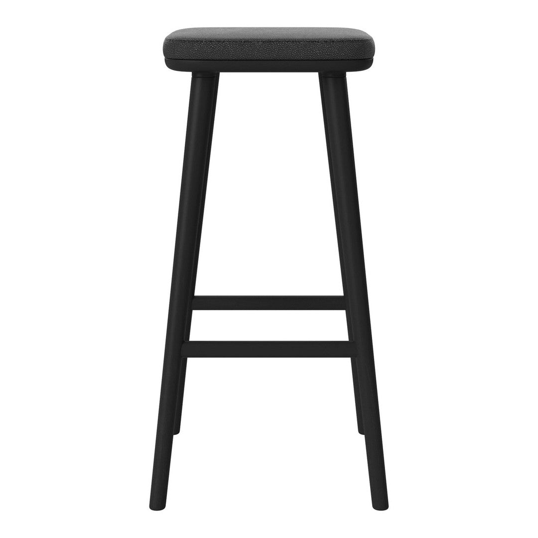 Black wooden bar stool with a simple, solid pattern and minimalistic design. Upholstered seat in dark gray.