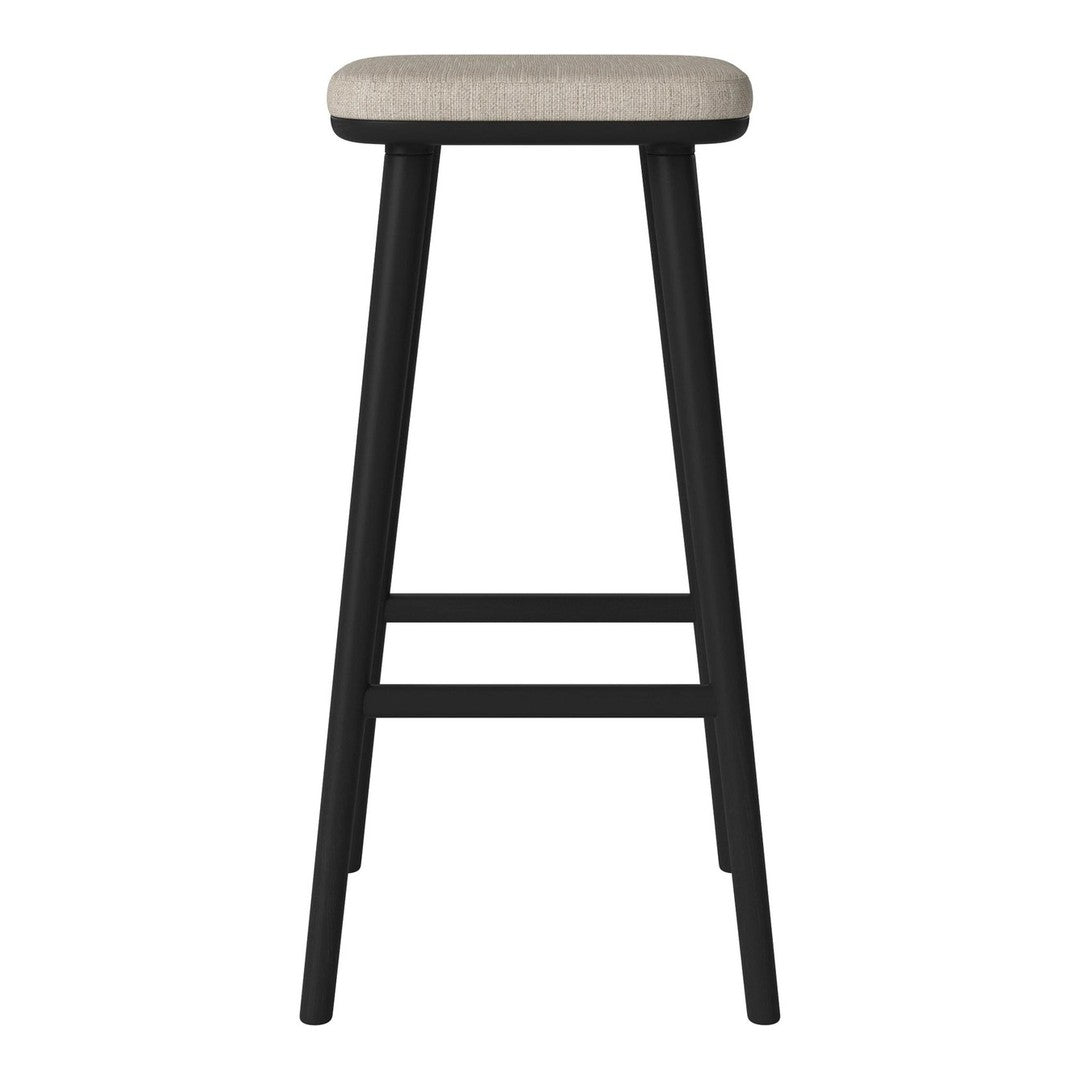 Black wooden bar stool with a light beige upholstered seat, featuring a simple, modern design.