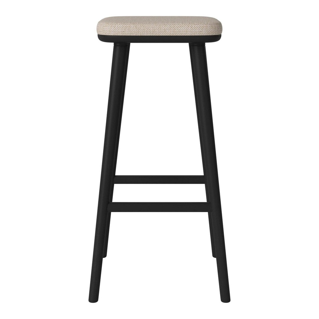 Black wooden bar stool with a light beige upholstered seat, featuring a minimalist design and clean lines.