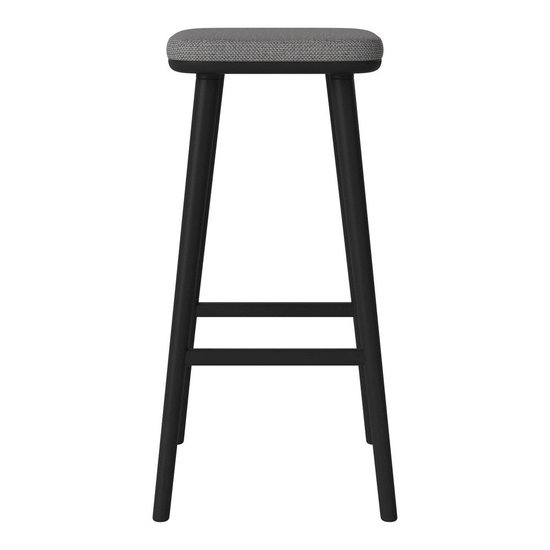 Black wooden bar stool with a gray upholstered seat, featuring a minimalist design and sleek lines.