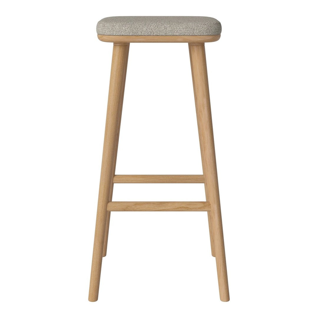 Natural wood bar stool with light beige fabric seat, featuring a simple and modern design.