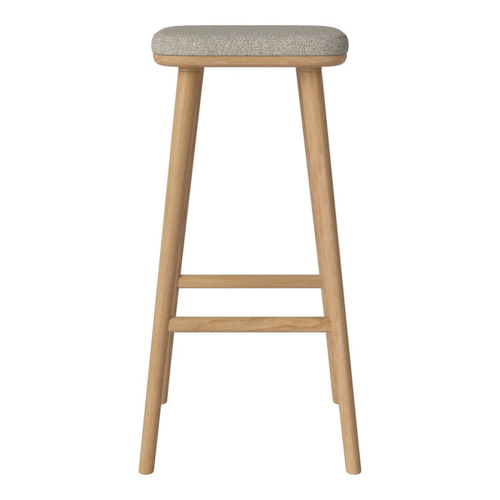 Natural wood bar stool with light beige fabric seat, featuring a simple and modern design.