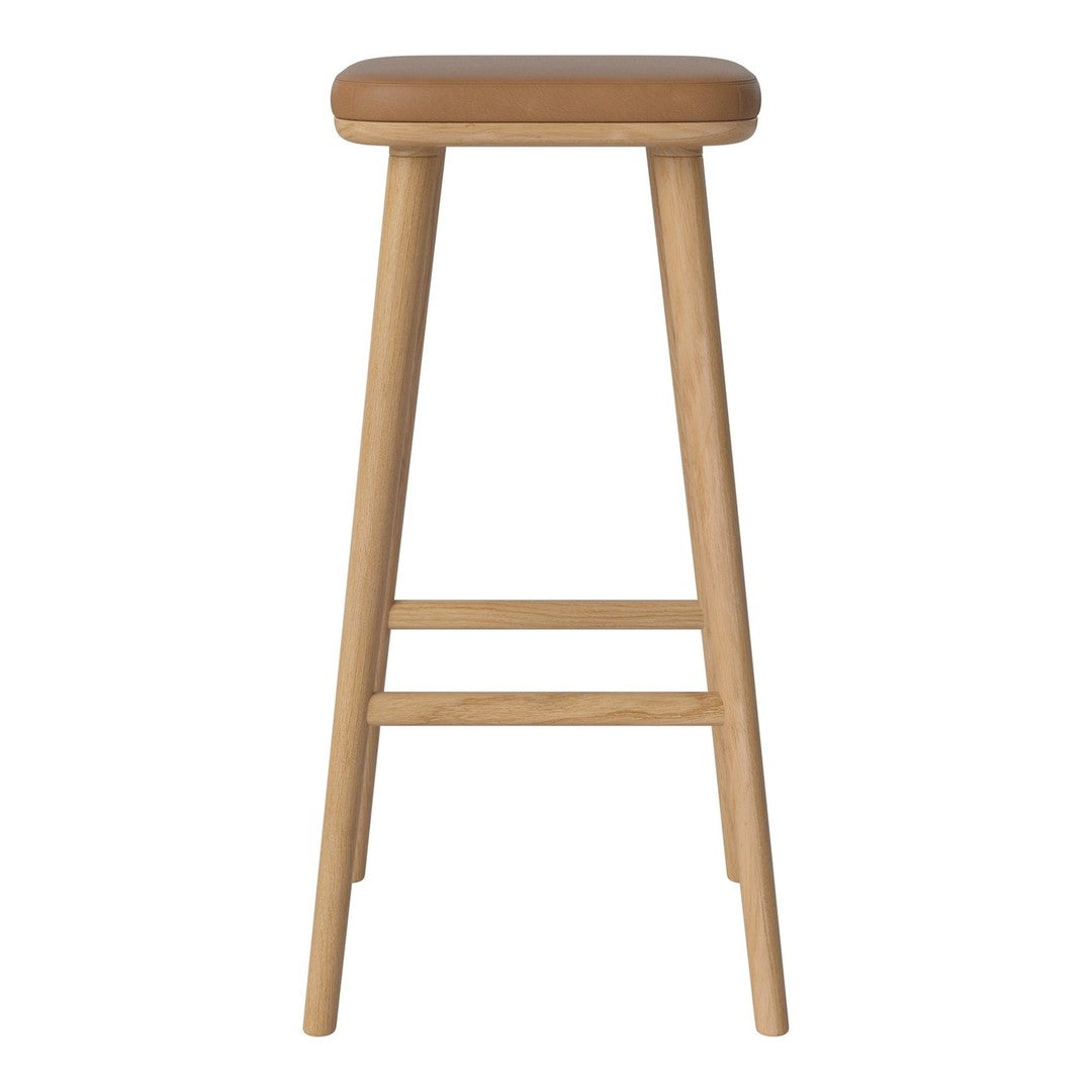 Light wood bar stool with a smooth tan cushioned seat, showcasing a minimalist design and natural finish.