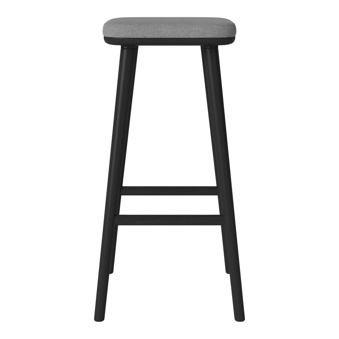 Black bar stool with a sleek, modern design and a smooth grey seat. Perfect for contemporary spaces.
