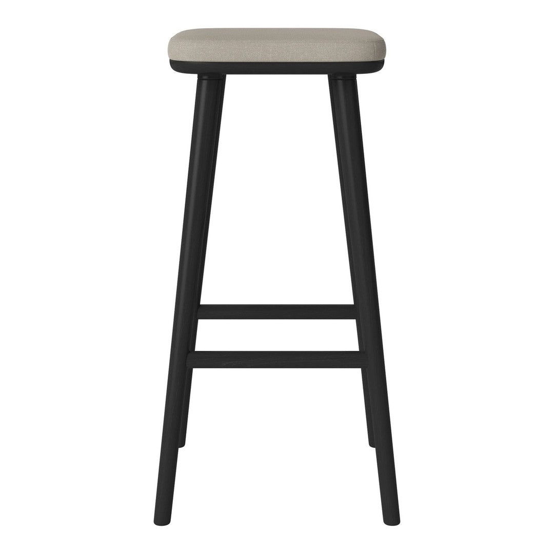 Black wooden bar stool with a light gray upholstered seat. Minimalist design, simple and modern.