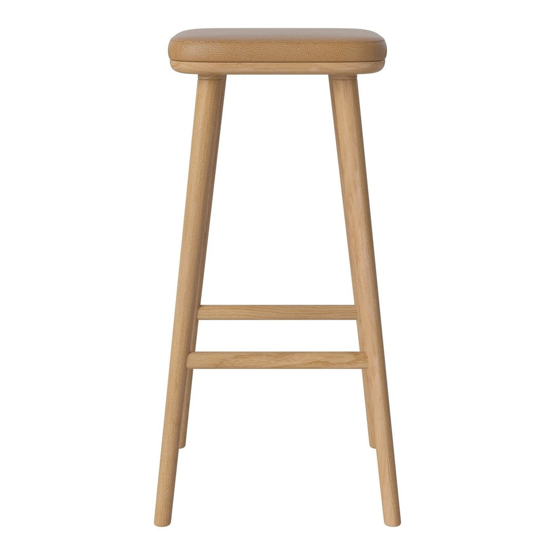 Light tan wooden bar stool with a smooth padded seat and natural wood legs, showcasing a minimalist design.