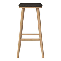 Black-patterned seat on natural wood legs, creating a modern and stylish bar stool design.