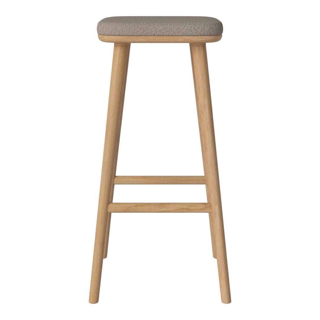 Light beige upholstered seat with natural wood legs, featuring a simple and modern design.