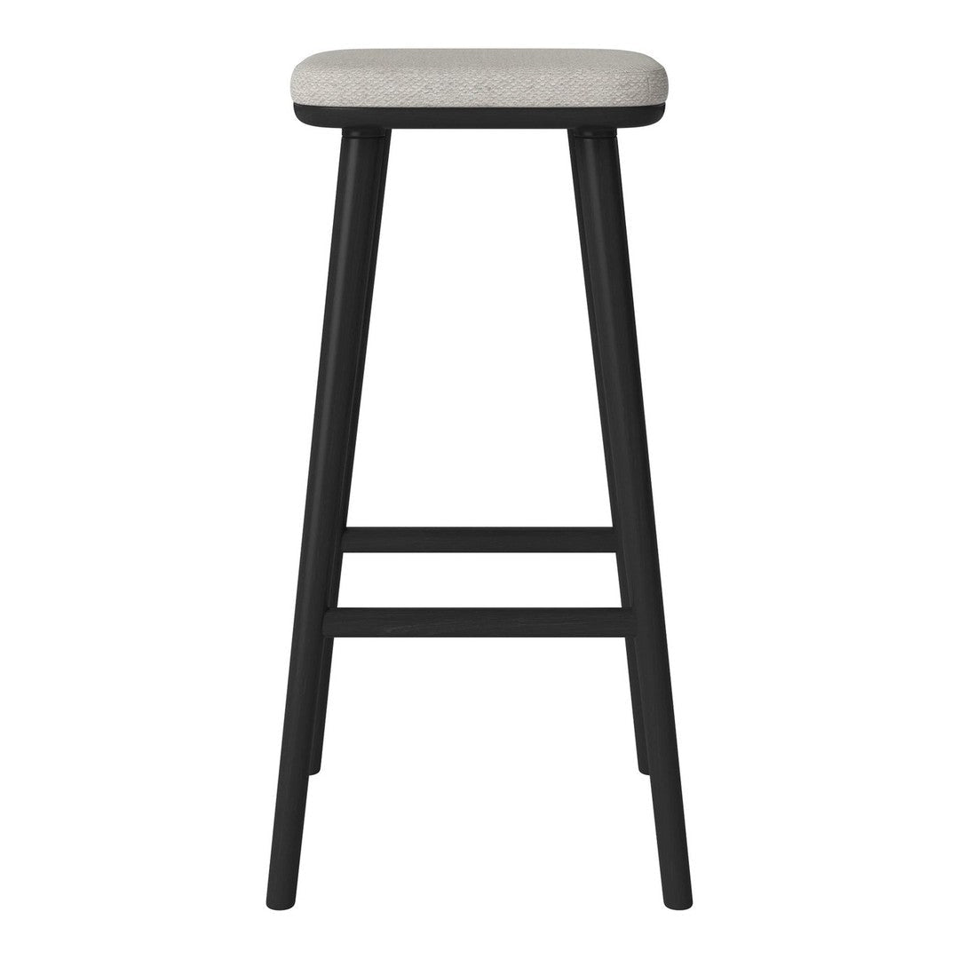 Modern bar stool featuring a sleek black frame and a light gray upholstered seat. Minimalist design with clean lines.