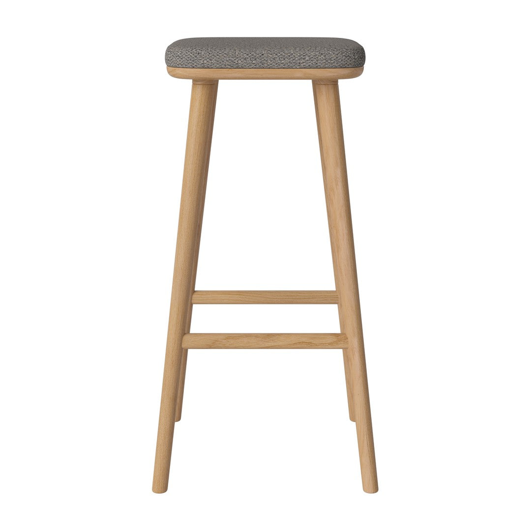 Gray upholstered seat on natural wood legs, featuring a minimalist design for modern decor.