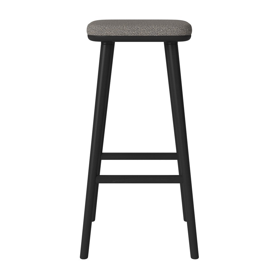Black bar stool with a textured gray fabric seat, featuring clean lines and a minimalist design.