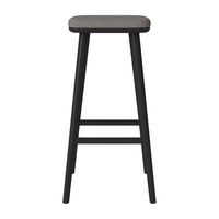 Black bar stool with a textured gray fabric seat, featuring clean lines and a minimalist design.
