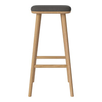 Gray upholstered seat with natural wood legs and a simple, minimalist design. Perfect for modern home decor.