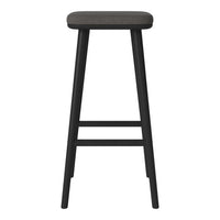 Black wooden bar stool with a solid gray cushion seat, featuring a minimalist design and clean lines.