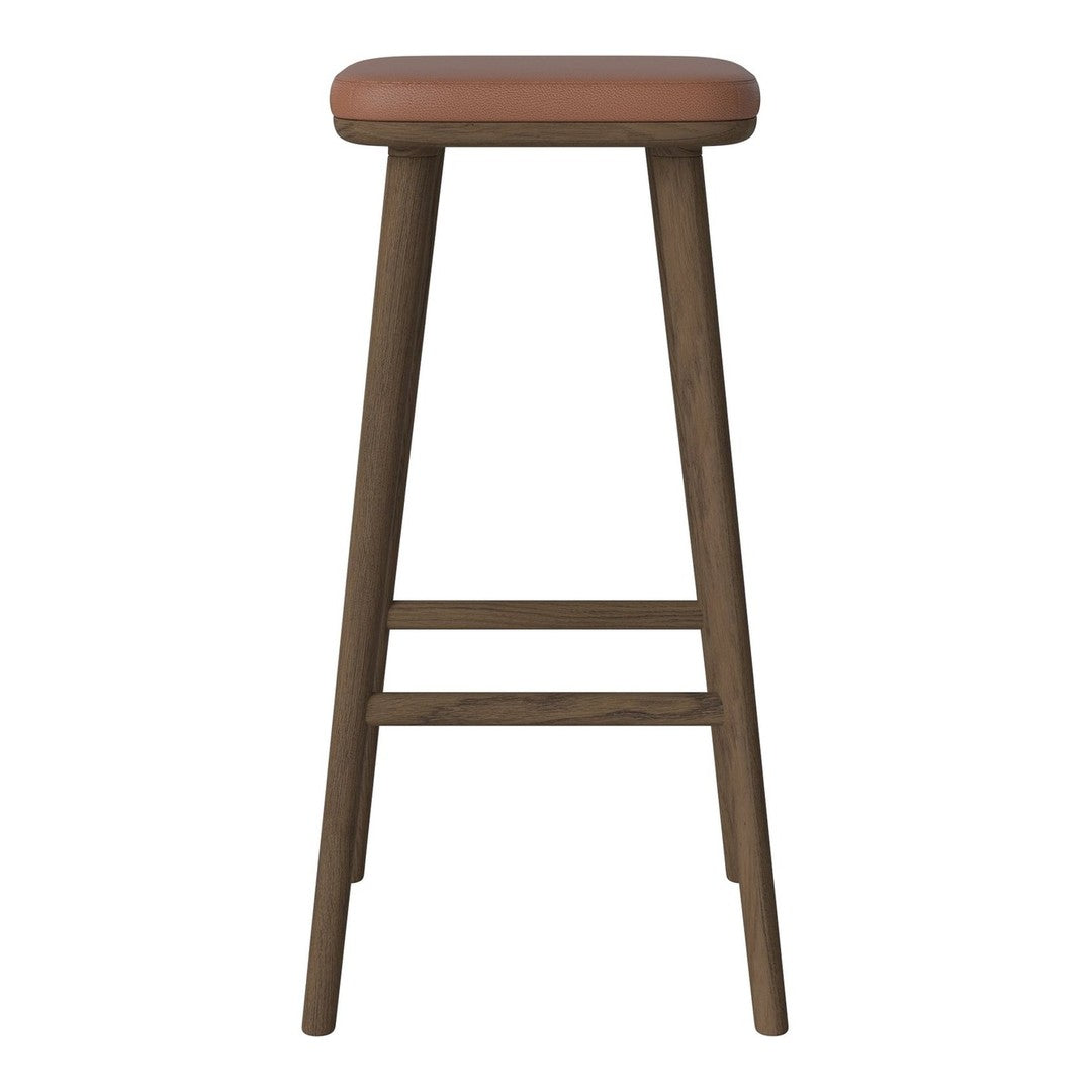 Stylish bar stool with a brown seat and dark wooden legs, featuring a simple, modern design.