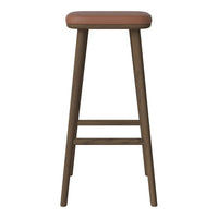 Stylish bar stool with a brown seat and dark wooden legs, featuring a simple, modern design.