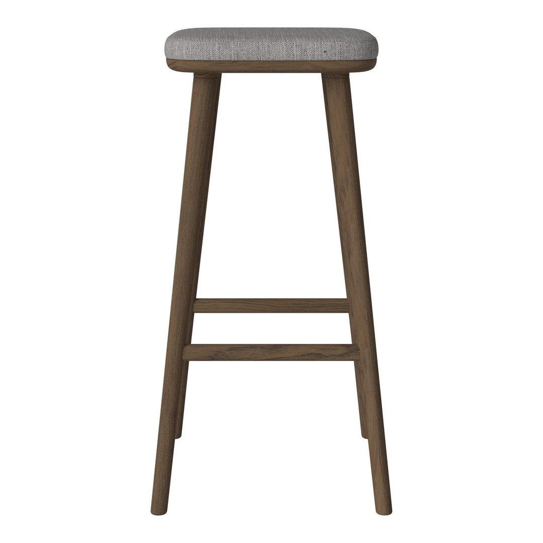 Light gray padded seat atop a dark wood bar stool with simple, clean lines. Perfect for modern decor.